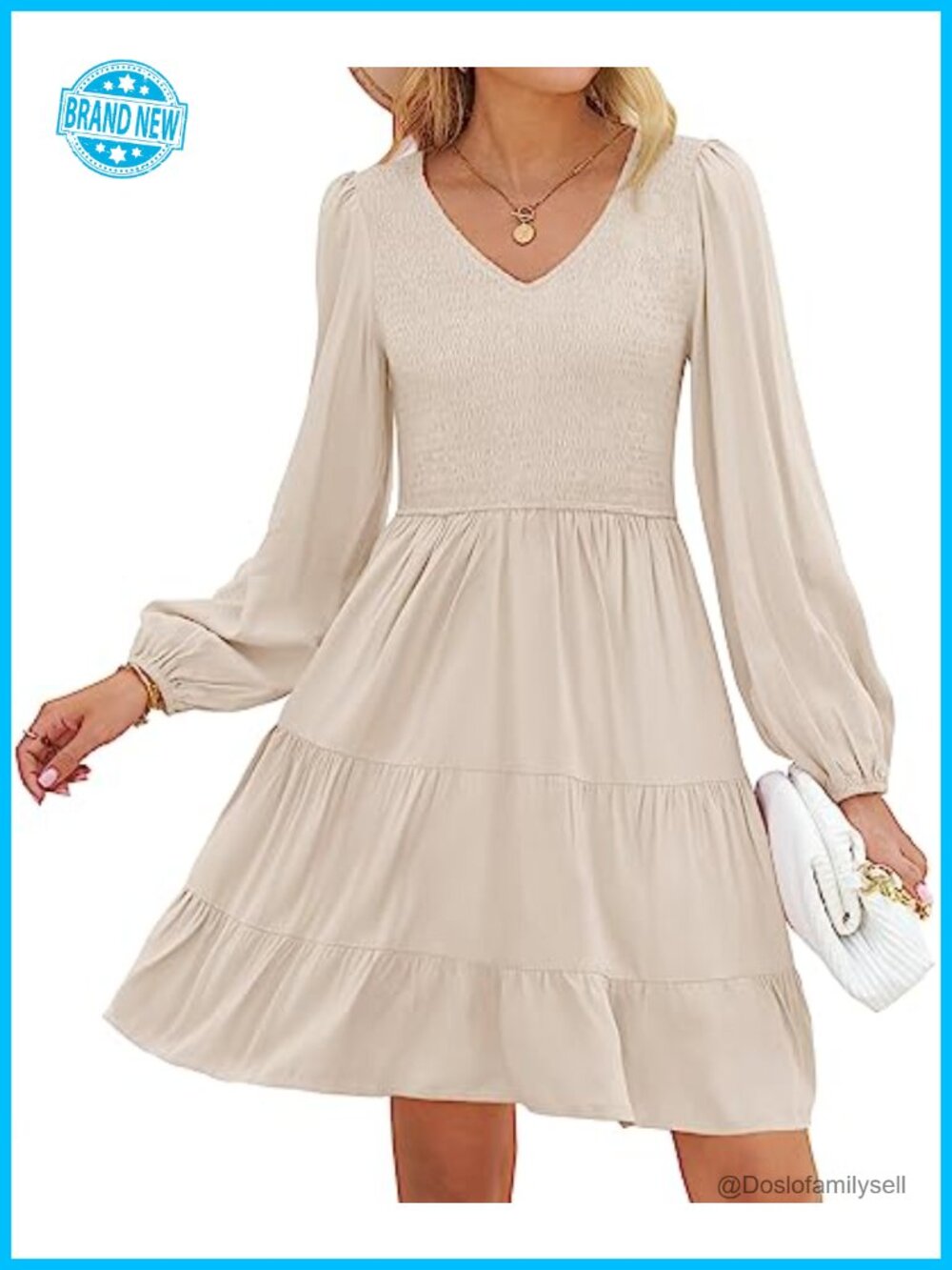 Womens Long Sleeve V Neck Smocked Tiered Mini Dress Casual Fall